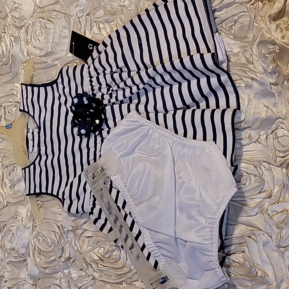 Toddler Dress Navy & White Stripes Floral Accent W/Bloomers Sz 3-6 Months.